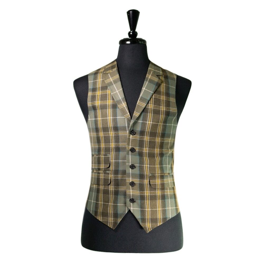 Mens Plaid Vest 40R Green Yellow Wool Waistcoat Check Wedding Preppy Formal Prom